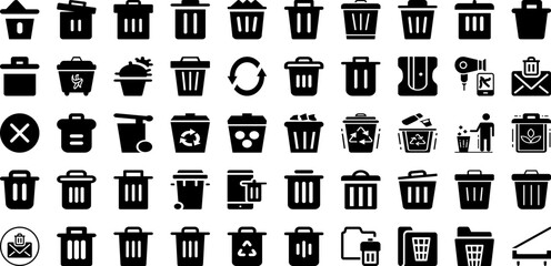 Trash Icon Set Isolated Silhouette Solid Icons With Bin, Icon, Symbol, Garbage, Recycle, Trash, Waste Infographic Simple Vector Illustration