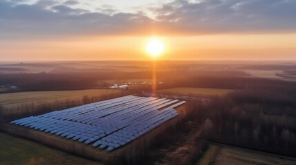 Aerial view of solar photovoltaic panels for new energy outdoors at sunrise. AI generated.