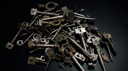Bunch of old unnecessary keys on a dark background. AI generated