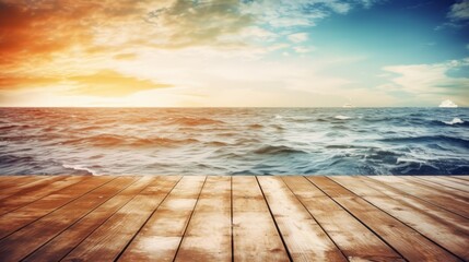 Fototapeta na wymiar Art summer calm background. Sunset seascape and art beautiful wooden deck. AI generated.