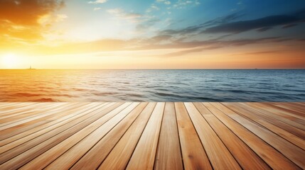 Fototapeta na wymiar Art summer calm background. Sunset seascape and art beautiful wooden deck. AI generated.