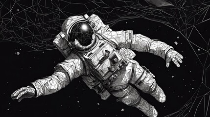 Astronaut floating in the space. Black and white in polygonal style. AI generated.
