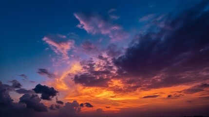 Fototapeta premium Utterly spectacular sunset with colorful clouds lit by the sun. Bright epic sky. AI generated.
