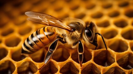 Bee on honeycomb. AI generated. - obrazy, fototapety, plakaty