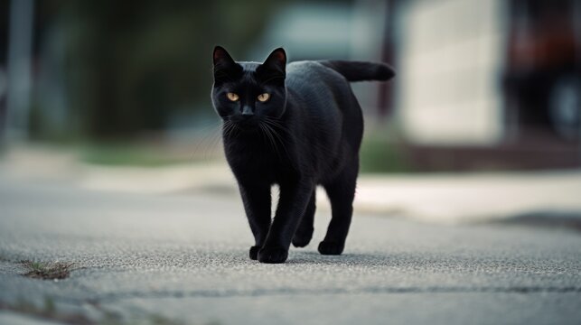 Black cat runs across the road. AI generated.