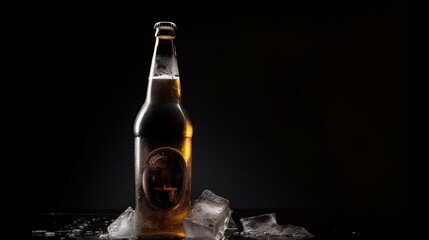 Bottle of beer in ice on a black background. AI generated.