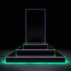 Neon podium, black stone stand studio. Generative AI