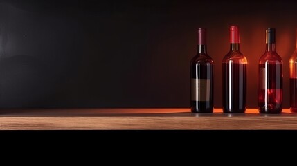 Fototapeta na wymiar Bottles of red wine on a wooden shelf banner background. AI generated.