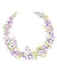 Watercolor wisteria wreath. Hand drawn isolated on white