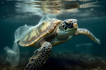 Obraz premium Turtle's back covered with plastic bag. Plastic pollution in ocean environmental problem, poisoning the waters of sea. Global Protection problem. Marine environment pollution. Generative AI