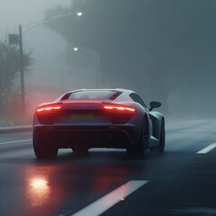 The car is driving along a gloomy road in the rain. Cinematic scene with deep dark tones and cinematic lighting. High quality photo Generative AI