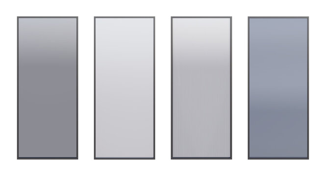 A set of modern black aluminum partitions with different types of glass. Clear dark glass, frosted glass, vertical corrugated glass, horizontal corrugated glass, Front view. 3d render