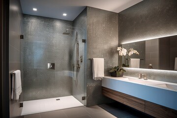 Modern Master Bathroom, Large Walk-In Shower, Wooden Vanity, Wood Floor, Light Gold and Silver Style, Generative AI