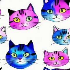 Pink and Blue Cartoon Kitten Faces Seamless Tile Cat Pattern Watercolor-Style Illustration [Generative AI]
