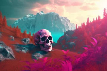 Fotobehang landscape of skull is surrounded by the hills and mountains generative AI © onedayiwillWIN