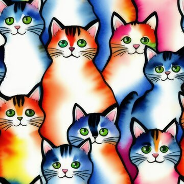 Happy Sitting Cats Seamless Tile Pattern Watercolor-Style Illustration [Generative AI]
