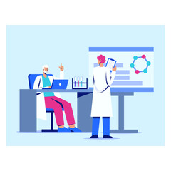 Laboratory assistant sitting at table with laptop, talking to colleague, conducting research