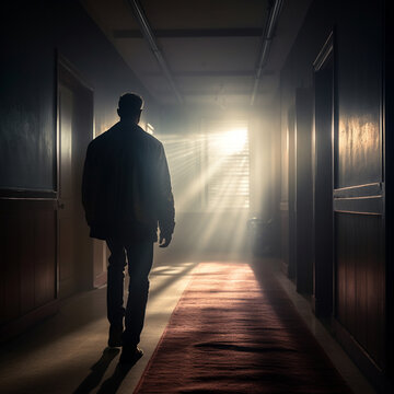 Man in a gloomy corridor with different light sources. A rich cinematic picture with different local light sources. Rich and deep colors. High quality photo Generative AI