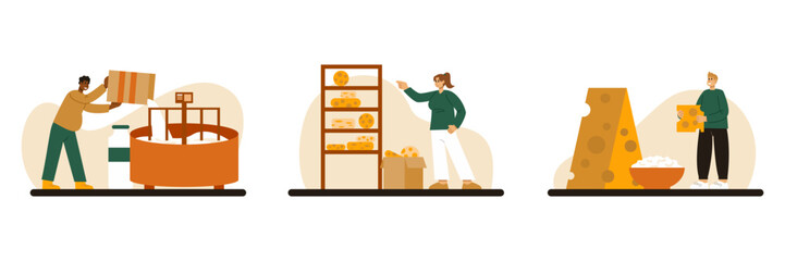 Set of cheese making, product packaging and tasting process with cartoon characters