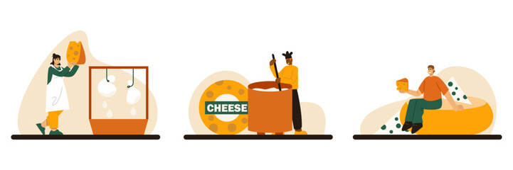 Set of cheese making and tasting process in factory with cartoon workers