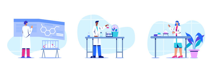 Set of doctors conduct research in laboratory, produced medicine, doing tests