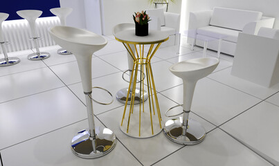 White Bar Modern Stools with Table on a white background. 3d Rendering.
