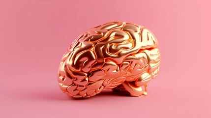 Minimal golden brain on a pastel background. Anatomical model of the human brain