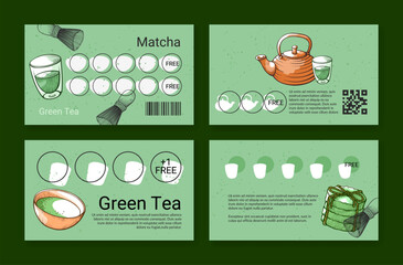 Green tea matcha loyalty card for collect sticker get free engraved design template set vector