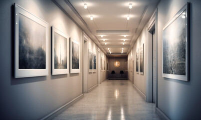 an empty hallway with large posters