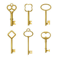 Vintage golden keys different shape luxury antique ornate for unlock set realistic vector