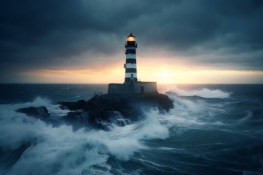 A lighthouse in the island at night. Lighthouse Beam. Stormy Landscape. Generative AI