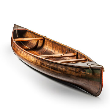 A traditional canoe made from wood isolated on white background. Suitable for use by no more than two people. Moved on water using a dipper.