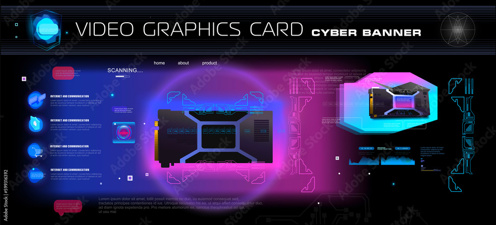 Poster video card for computer. technology cyber banner. powerful digital system with development of comput