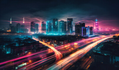 Fototapeta na wymiar long exposure at night with city skyline,