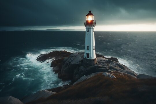 A lighthouse in the island at night. Lighthouse Beam. Stormy Landscape. Generative AI