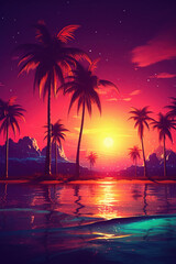 Tropical beach and palm tree background. Retro tone color style. Summer vacation concept. Generative ai. - 599316512