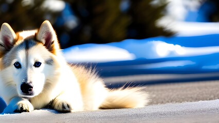 Naklejka premium Dog breed Samoeida white and caramel, blue eyes, blurred background, lying on your stomach with your head up, generative ai