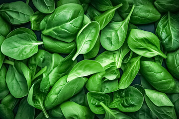 Fototapeta na wymiar Top view on fresh organic spinach leaves. Healthy green food and vegan background. generative ai