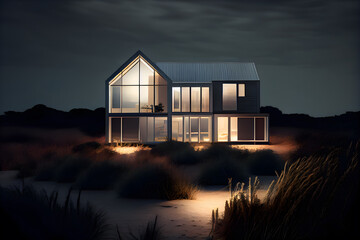 A modern house in the countryside at night. AI Generative