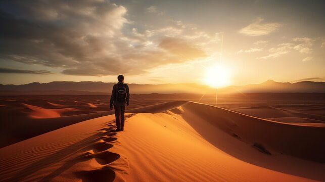 Hiker man walking in the desert sand dunes at sunset - Happy traveler with arms up enjoying freedom outside - Wanderlust, wellbeing, happiness and travel concept.