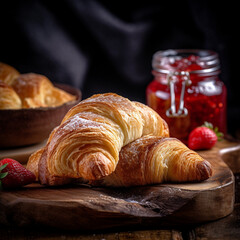 A close-up shot of freshly baked croissants, golden brown and flaky, arranged on a rustic wooden board, with a jar of homemade strawberry jam in the background - Generative AI