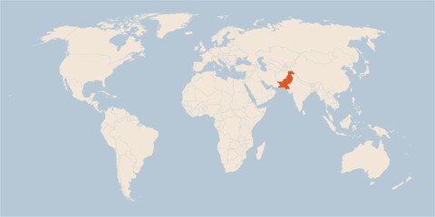Vector map of the world in pastel colors with the country of Pakistan highlighted highlighted in orange. © Map Graphics