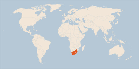 Vector map of the world in pastel colors with the country of South Africa highlighted highlighted in orange.