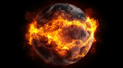 Der Planet Erde steht in Flammen vor einem schwarzen Hintergrund, das Feuer leuchtet hell und orange vor einem schwarzen Hintergrund