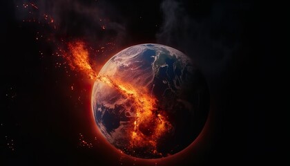 Naklejka na ściany i meble Der Planet Erde steht in Flammen vor einem schwarzen Hintergrund, das Feuer leuchtet hell und orange vor einem schwarzen Hintergrund