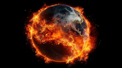Der Planet Erde steht in Flammen vor einem schwarzen Hintergrund, das Feuer leuchtet hell und orange vor einem schwarzen Hintergrund