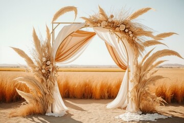 Wedding backdrop aesthetic flower decoration outdoor beach gray sands background AI Generated