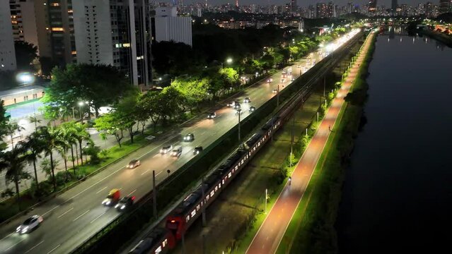 Marginal Pinheiros At Downtown Sao Paulo Brazil. Cityscapes City Aerial. Night Building Downtown Cityscape. Night Outside Downtown District Panorama. Night Cityscape Building Architecture.