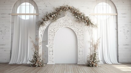 Fototapeta na wymiar Wedding backdrop aesthetic flower wreath decoration indoor white background AI Generated