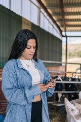 Vertical shot of a young woman farmer looking at her cell phone seriously standing next to her cows.c